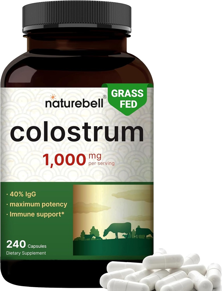NatureBell Bovine Colostrum Supplément 1000mg par portion, 240 Capsules.40% IgG Colostrum Poudre pour Gut Health, Bloating, Peau, Cheveux & Immune Support – Non-OGM