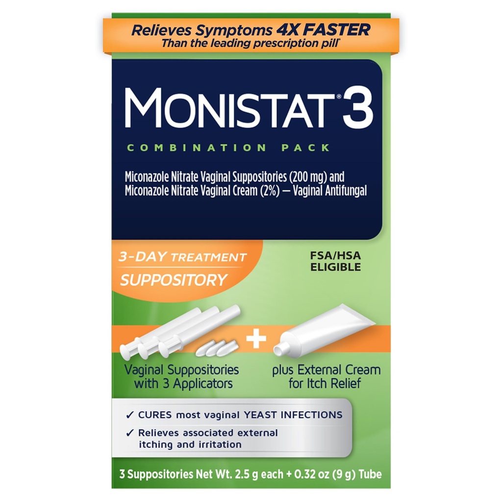 Traitement de l'infection des levures Monistat 3 jours pour les femmes, 3 suppositoires vaginales de Miconazole et crème antidémangeaison externe (9g Tube) Combo Pack