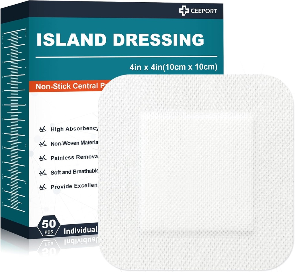Island Dressing 4"x4", 50 Tambours individuels bordés, 2"x2" Non-Stick Pad au centre avec bordure adhésive, bandes de qualité médicale non tissées très absorbantes pour les blessures, premiers soins