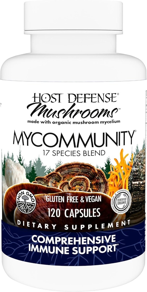 Host Defense MyCommunity Capsules - 17 espèces Mélanger le supplément de champignons pour le soutien immunitaire - Herbal Aid with Lion's Mane, Reishi. Chaga, Cordyceps, Turkey Tail & More - 120 capsules (60 portions)*