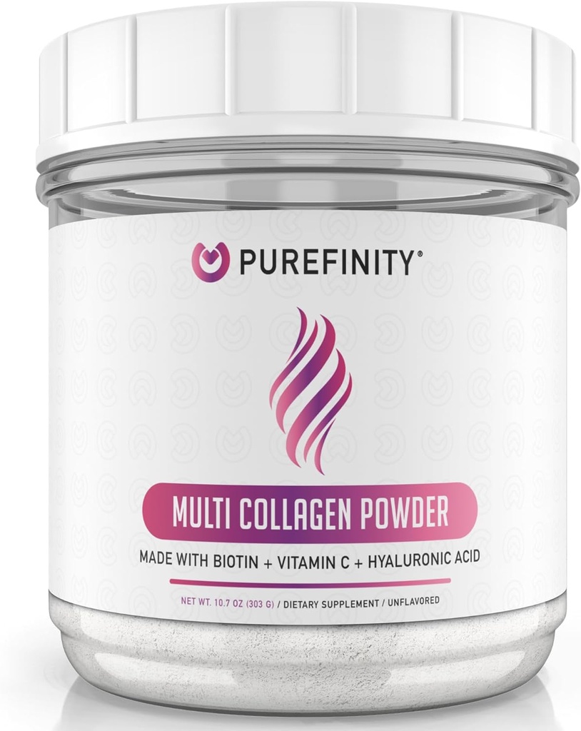 PUREFINITY Peptides de collagène pour les femmes – Type I, II, III, V & X avec biotine et acide hyaluronique, soutient la peau saine, les os, les cheveux et les ongles – non-OGM, gazon, non aromatisé, 10,7oz (1 mois d'approvisionnement)