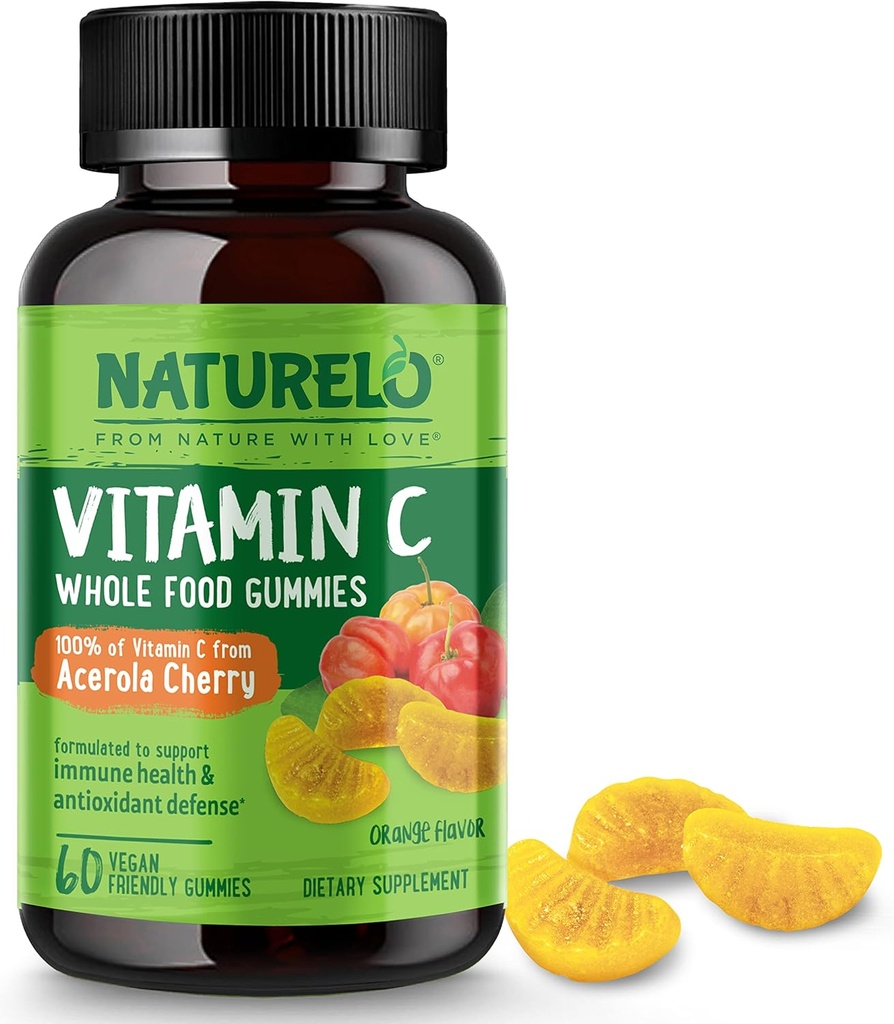 NATURELO aliments entiers vitamine C Gummies, vitamine C de cerise d'acérola, supplément à base de plantes, 60 Gummies amies des végétaliens