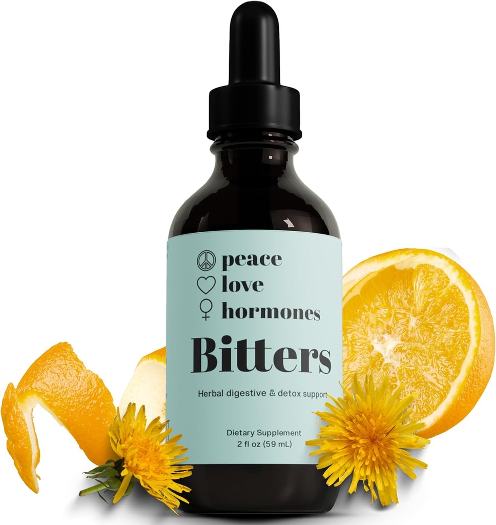 la paix. l'amour. les hormones. Supplément à base de plantes digestives pour les femmes USDA Bitters biologiques pour la digestion, Détox du foie avec racine gentiane, racine de dard, extraits de feuille de dandelion - 2 fl oz, 59 portions