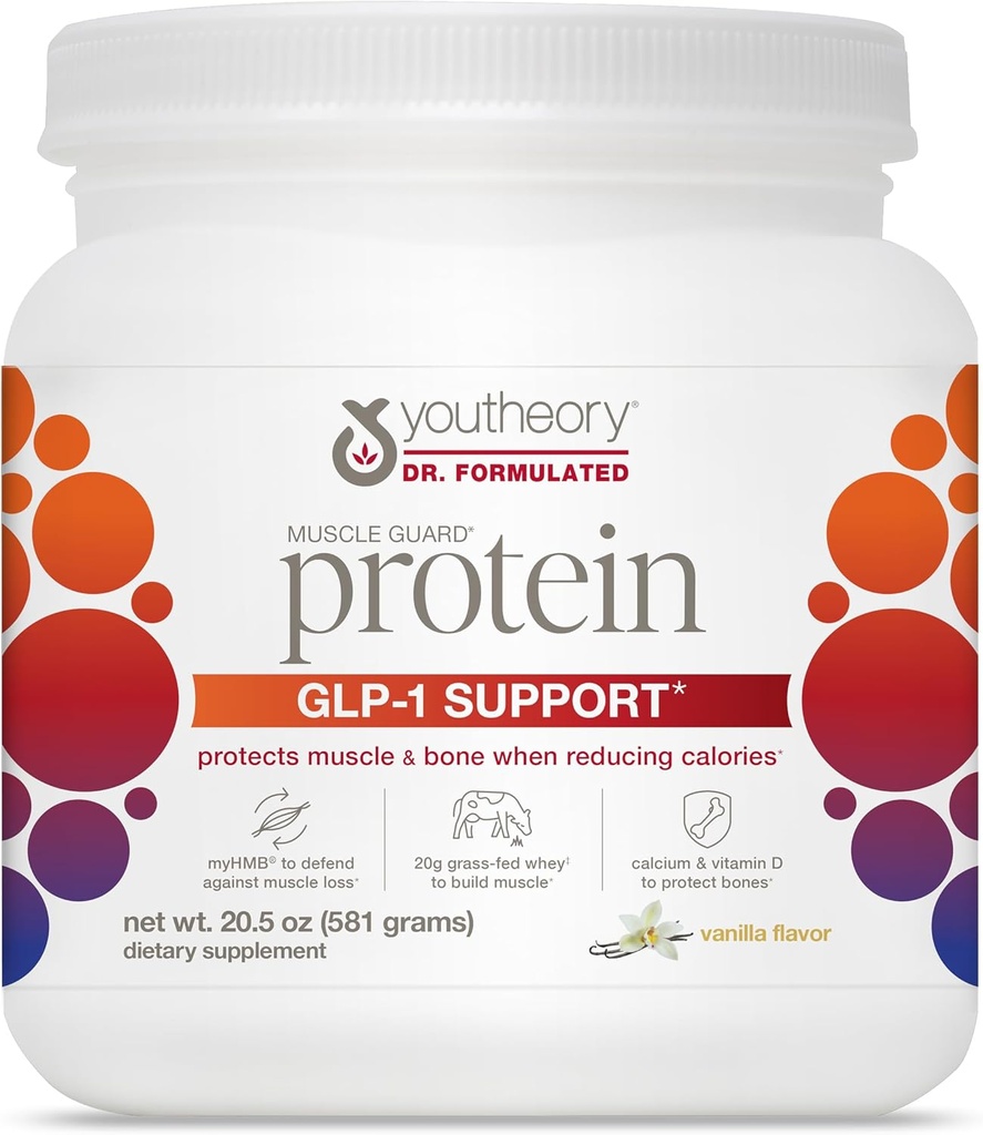 Youtheory Muscle Guard Protein GLP-1 Support - Supplément de poudre de protéines de Whey - pour les utilisateurs de GLP-1 - Supporte Muscle & Bone - avec myHMB, Calcium & Vitamine D - 20,5 oz Poudre
