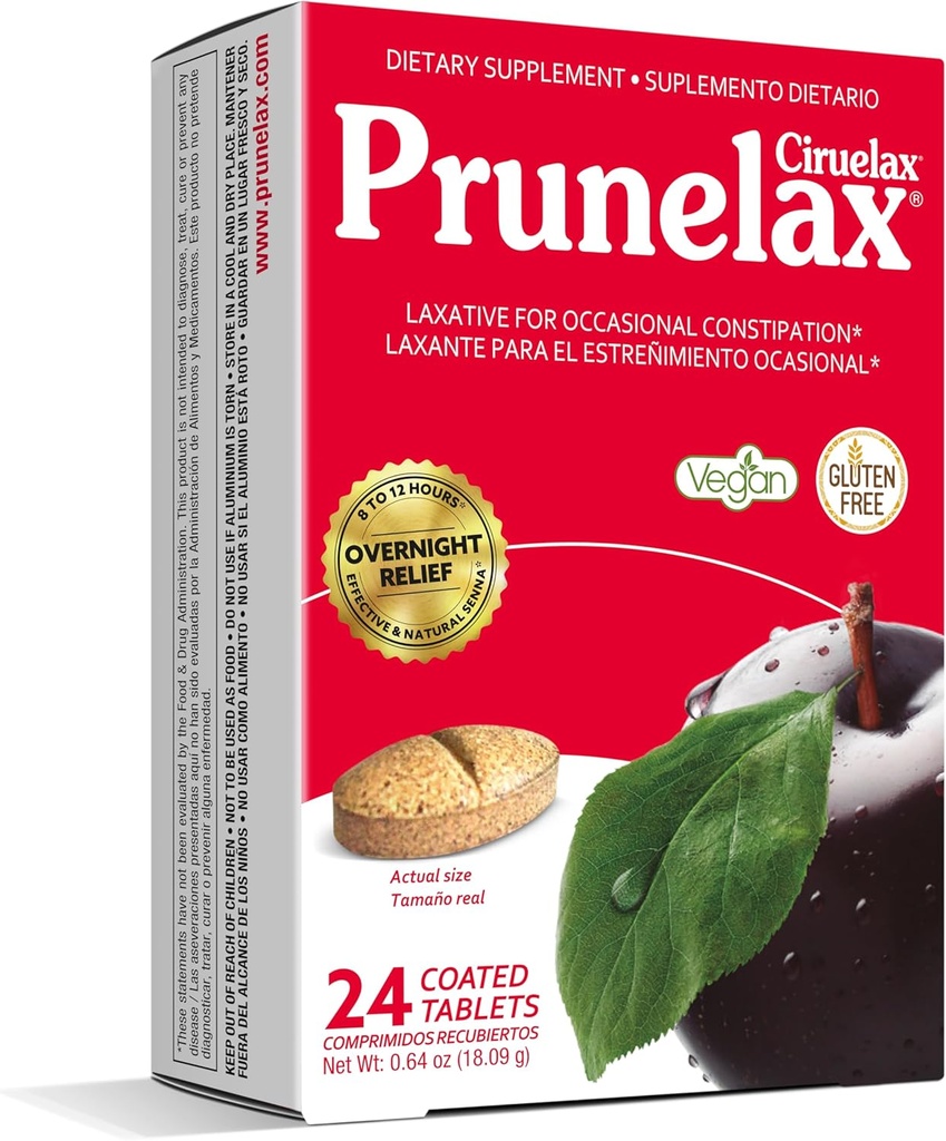 Prunelax Ciruelax Comprimés laxatifs à force régulière - Relief nocturne pour constipation occasionnelle, extrait de senna, végétalien et sans gluten, soulagement doux à action rapide - 24ct