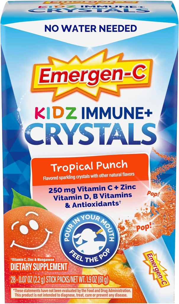 Emergen-C Kidz Immune Plus Cristaux, Supplément de soutien immunitaire sur le pouce avec vitamine C, vitamine D, vitamine B, zinc et manganèse, punch tropical, retour à l'essentiel de l'école - 28 Stick Packs