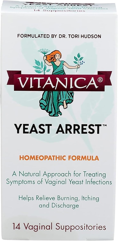 Arrestation de levure de Vitanica, suppositoires vaginales homéopathiques, pour symptômes d'infection à levure, soulagement de brûlures, démangeaisons et décharges, avec acide borique, huile d'arbre à thé et probiotiques, végétalien ( Arrestation de levure, 14)
