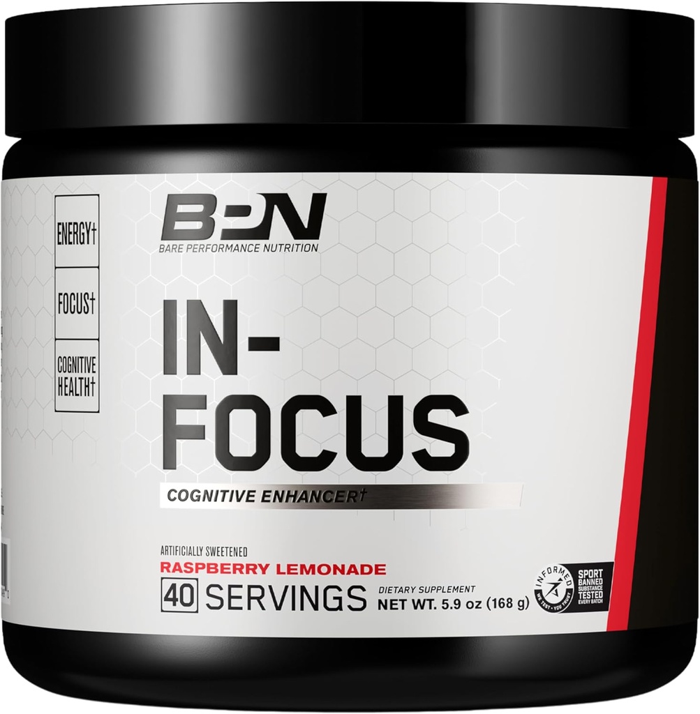 BARE PERFORMANCE NUTRITION, Supplément de soutien au cerveau BPN in-Focus, Améliorer Focus & Energy, Alpha GPC, Raspberry Lemonade, 40 portions