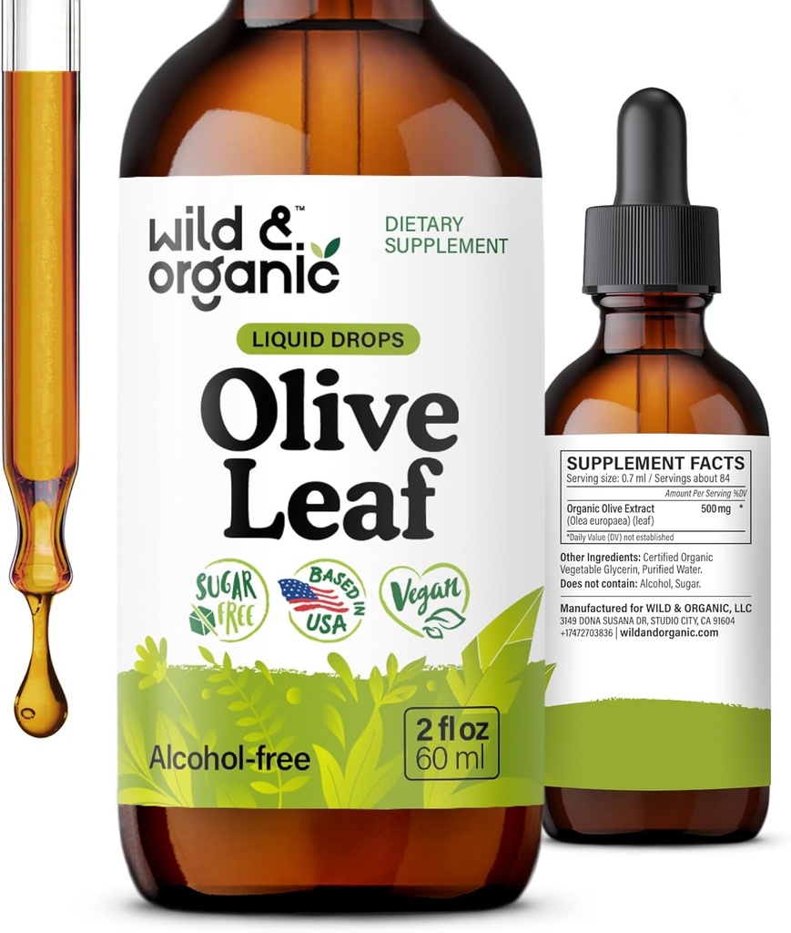 Extrait de feuille d'olive sauvage et biologique gouttes liquides - Antioxydants et immunosupport - Oleuropein olive supplément - Vegan, sucre et gouttes sans alcool - 2 fl oz