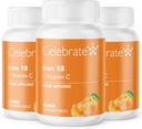 Célébrez le supplément de fer aux vitamines C - 18mg Fer, 36mg Vitamine C, Vitamines bariatriques pour les patients atteints de SDF, Chirurgie verticale et gastrique – Tangerine, 90 comprimés à croquer