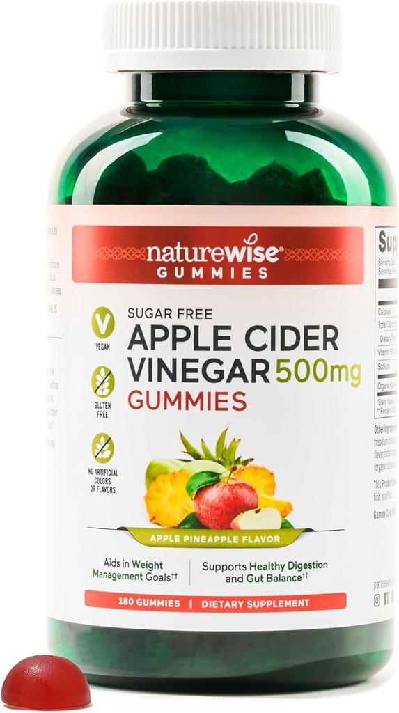 NatureWise vinaigre de cidre de pomme Gommies de vinaigre de cidre de pomme - 1000mg de vinaigre de cidre de pomme par 2, sans sucre, végétalien - énergie et santé de la gueule - Gommies de vinaigre de cidre de pomme W/vitamine B12-180 Gommies[3 mois pour 1000mg / 6 mois pour 500mg]