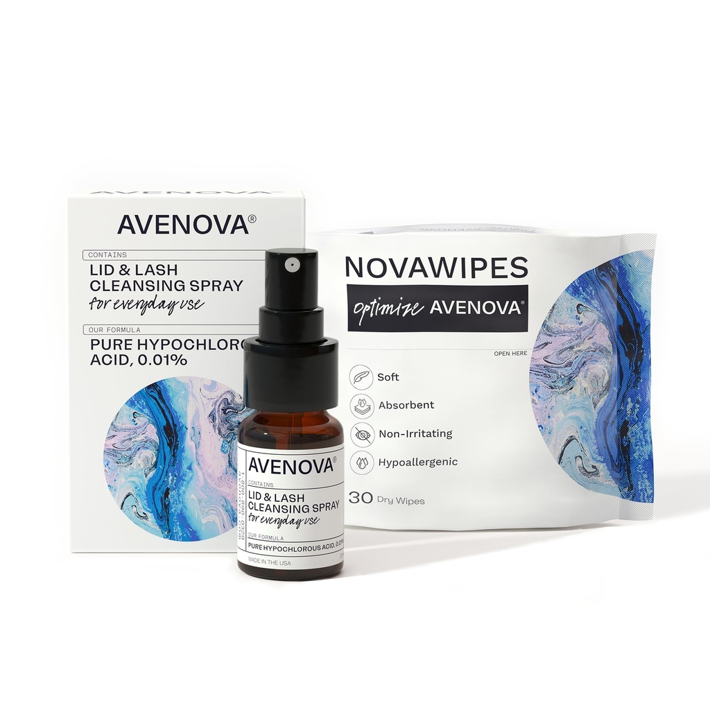 Vaporisateur de nettoyage des paupières et des cils d'Avenova avec 30 essuie-glaces sèches - Vaporisateur de nettoyage de l'acide hypochloreux quotidien pour les yeux plus clairs et plus sains, 20mL