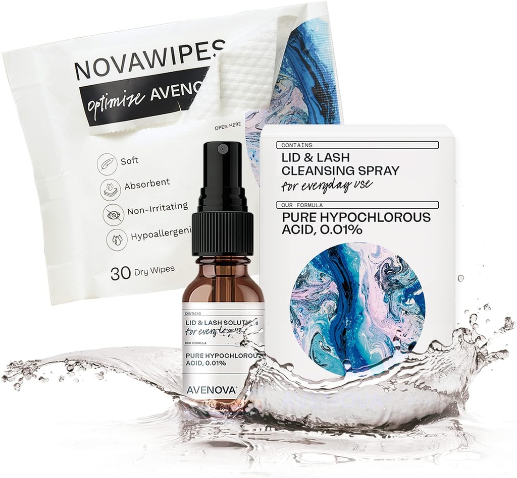 Vaporisateur de nettoyage des paupières et des cils d'Avenova avec 30 essuie-glaces sèches - Vaporisateur de nettoyage de l'acide hypochloreux quotidien pour les yeux plus clairs et plus sains, 20mL