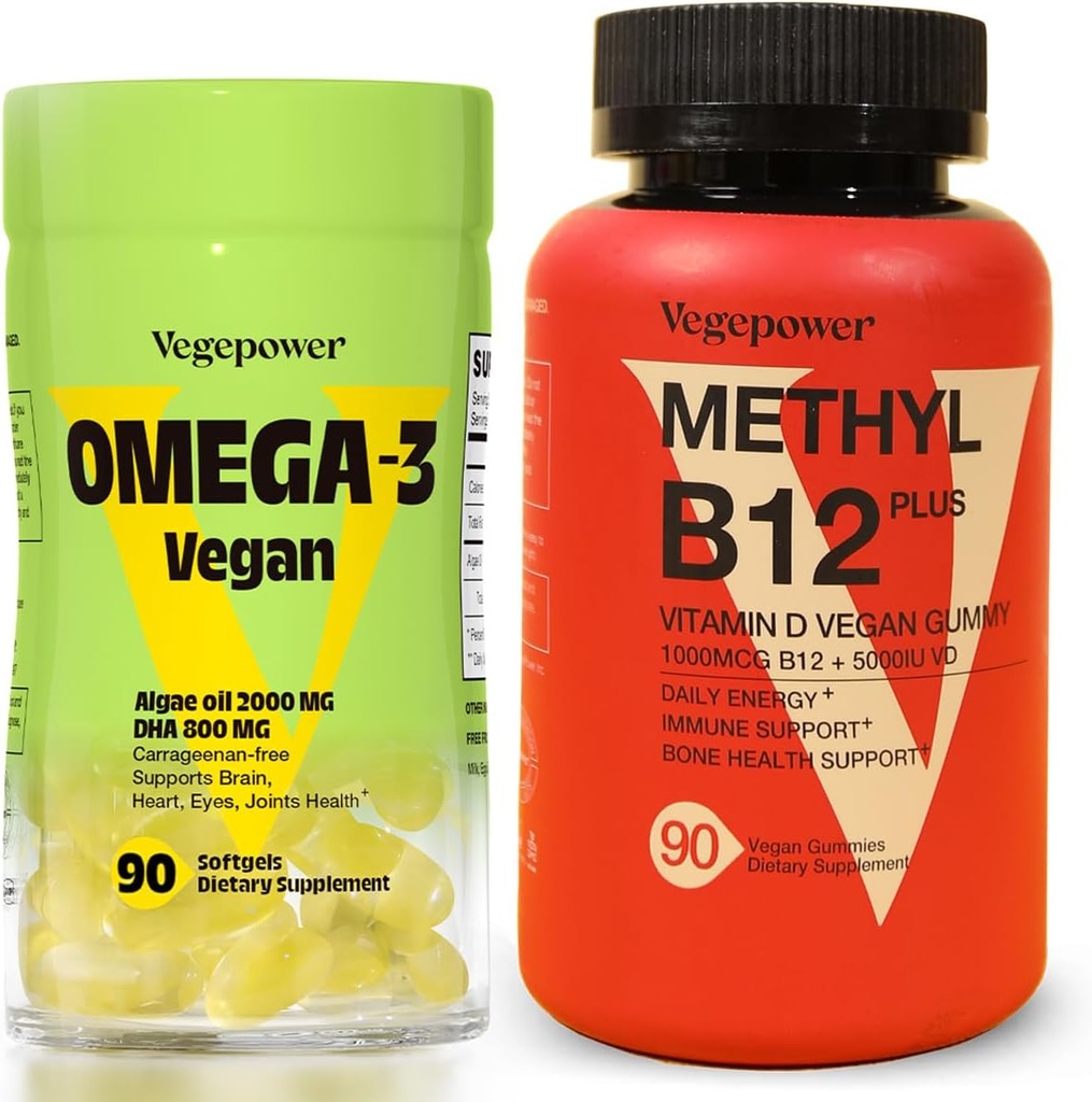 Vegan Omega-3 + Vitamine B12 Gummy.Algae Omega-3 Suppléments DHA pour la santé du cerveau, des yeux de coeur.