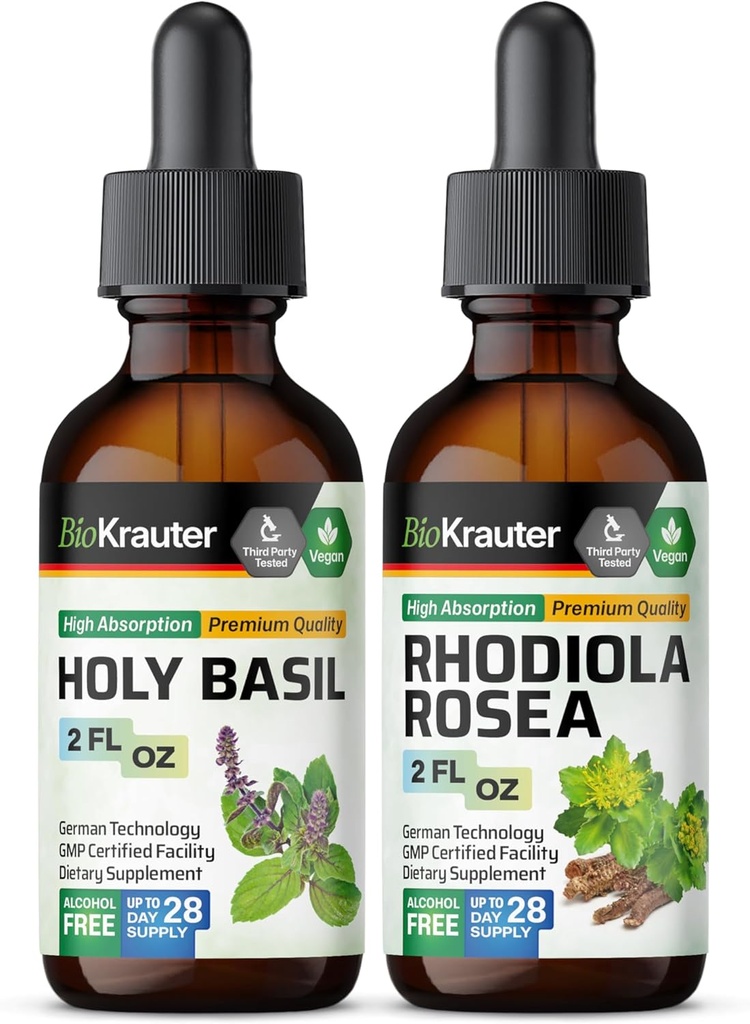BIO KRAUTER Teinture de Basilic Saint 2 Fl. Oz. & Rhodiola Rosea Teinture 2 Fl. Oz.