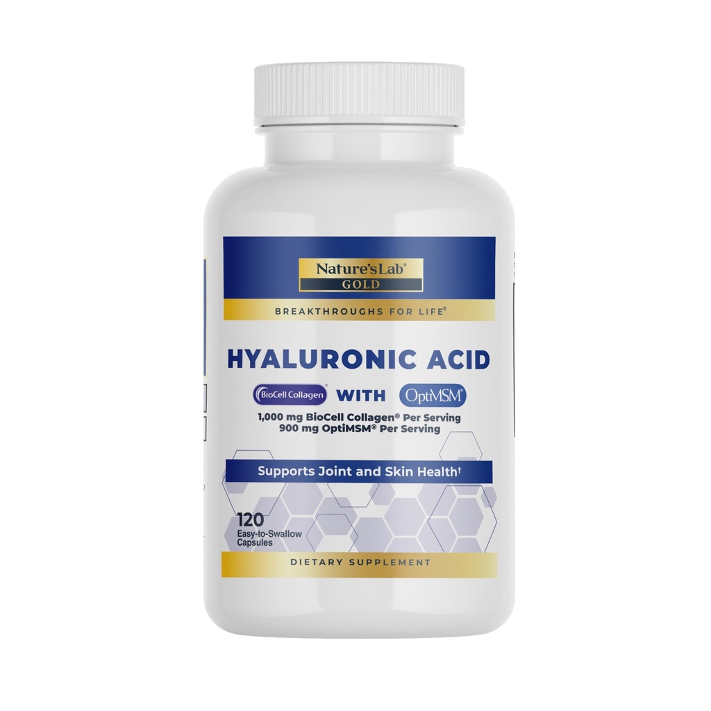 Nature's Lab Acide hyaluronique avec collagène Biocell et MSM - Hydratation de la peau, santé articulaire - 120 capsules (40 jours)