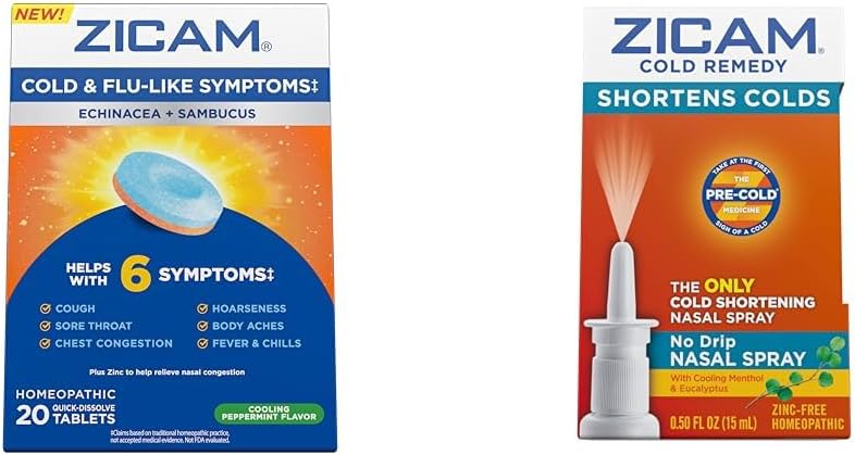 Zicam Symptômes du rhume et de la grippe 20 comprimés et spray nasal sans goutte Remède à froid 0,5 Once