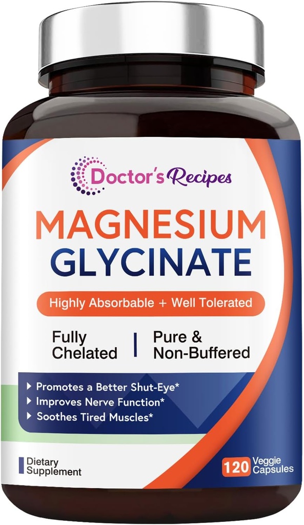Recettes du docteur Magnésium Glycinate, Chélaté & Non Buffered, Très Absorbable, pour les enfants et les adultes, pour la détente et le sommeil, Non OGM, 120 Caps végétaliens