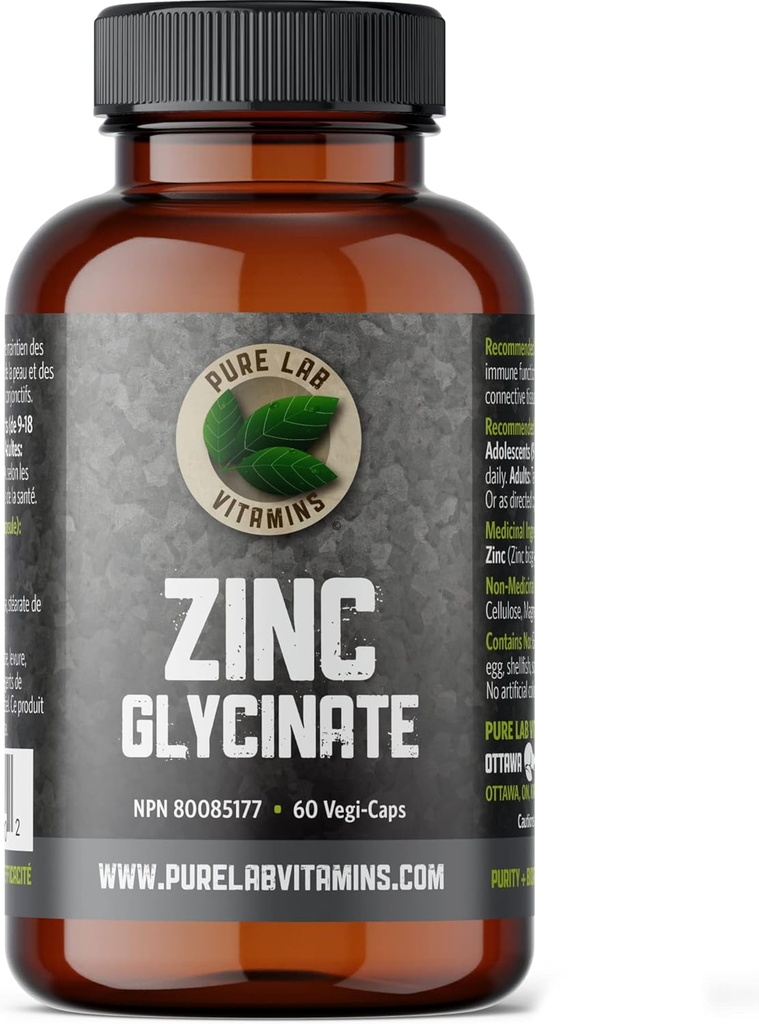 Supplément de glycine de zinc 23 mg - 60 capsules véganes par Vitamines de laboratoire pur - Sel d'acide amino pour une peau et des ongles sains - soutient le système immunitaire, la prostate, la vision - Fabriqué au Canada