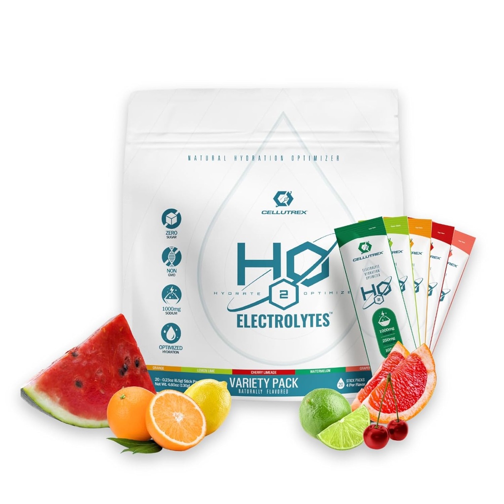 Cellutrex® H2O Electrolytes – Electrolyte Powder Drink Mix, Zero Sugar, Natural Salt Hydration Packets for Recovery and Wellness, Variety Pack, 20 Sticks