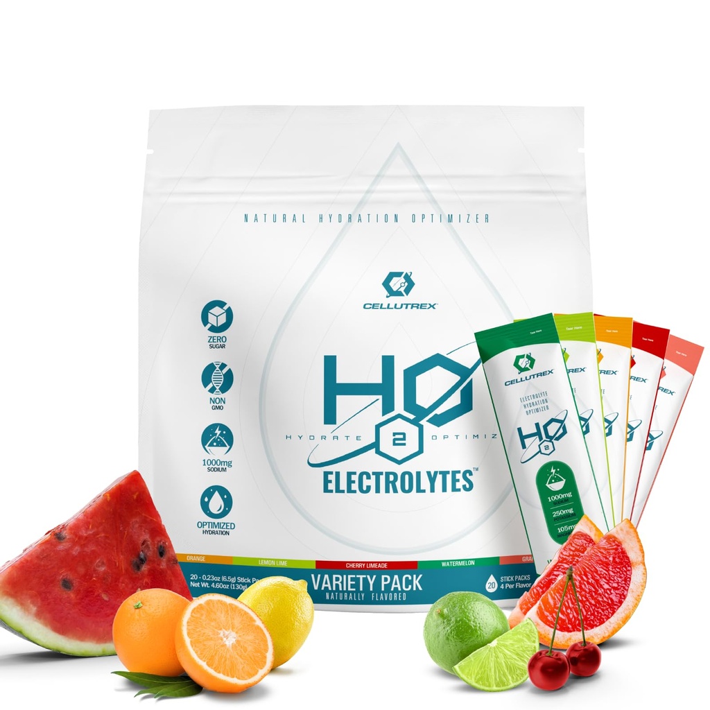Electrolytes Cellutrex® H2O – Mélange de poudre d'électrolyte, Zéro sucre, Packs d'hydratation naturelle pour la récupération et le bien-être, Lot de variétés, 20 bâtons