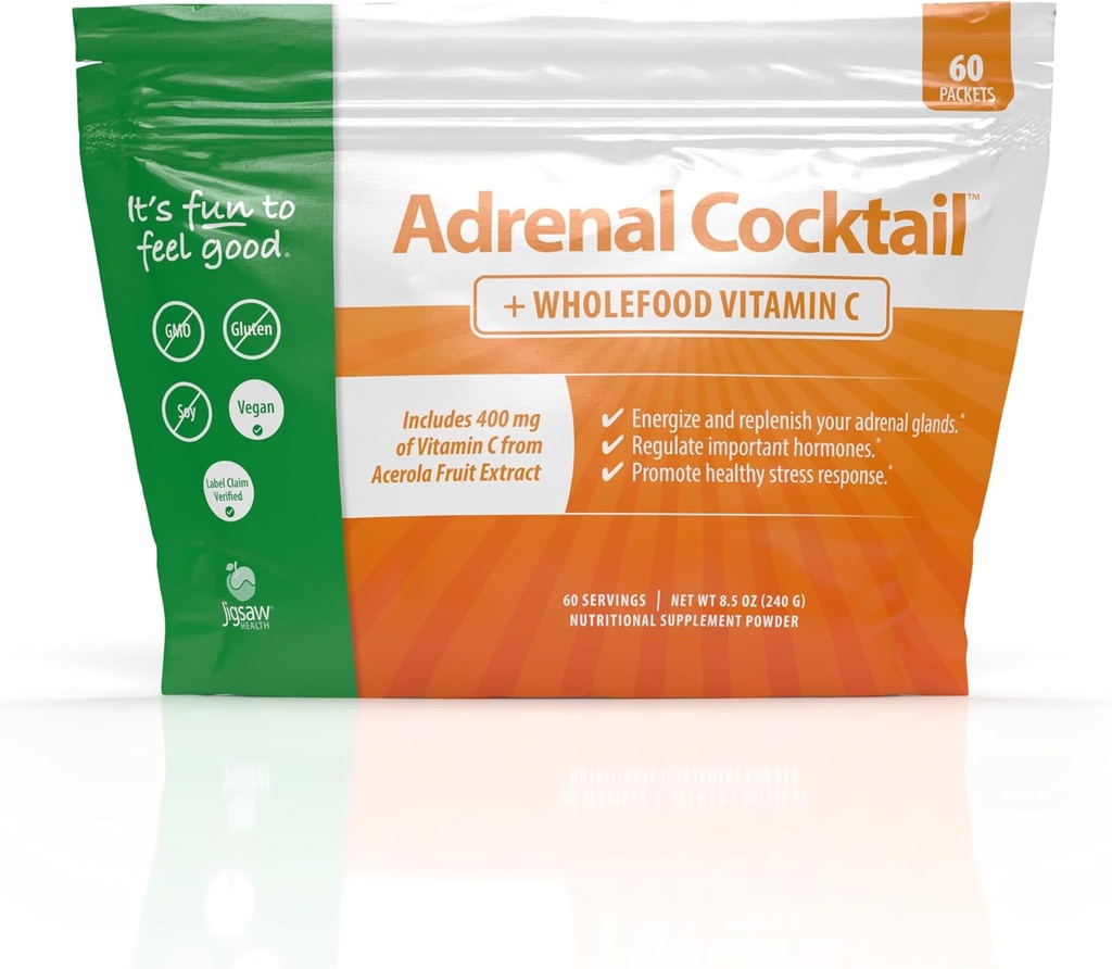 Jigsaw Health Cocktail adrénal + Vitamine C de la nourriture entière avec du bicarbonate de potassium, sel de mer et extrait de cerise d'acérola 60 portions (paquets)