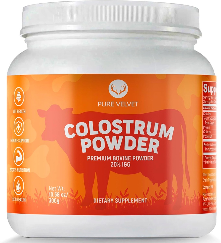 Pure Velvet Colostrum Powder for Gut Health, Bloating, Hair Growth, Immune Support, Bovine Cow Sourced Colostrum Protein, Lactoferrin Supplement, Contains Dairy with Immunoglobulins (IgG) (10 Ounce)