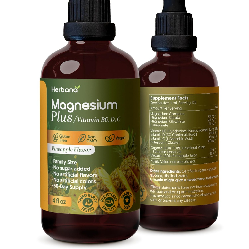 Magnésium Plus Arôme d'ananas - Citrate de magnésium, Glycinate/L-thréonate et vitamine B6, D, C/Liquid gouttes Supplément 4 fl oz - Complexe avancé - Approvisionnement 90 jours