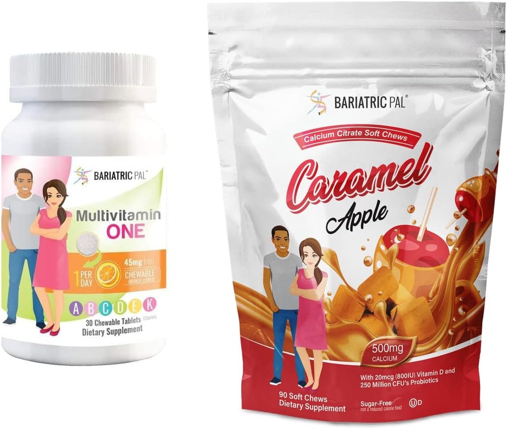 BariatricPal 30-Day Bariatric Vitamine Bundle (Multivamine ONE 1 par jour! avec 45 mg de fer à mâcher - Citrus orange et Citrate de calcium Mâches douces 500mg avec Probiotiques - Pomme Caramel)