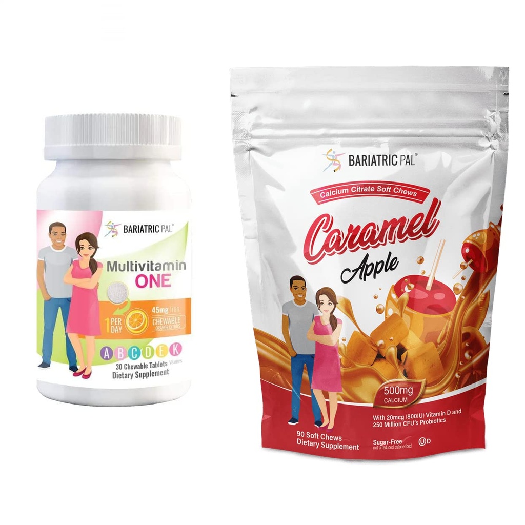 BariatricPal 30-Day Bariatric Vitamine Bundle (Multivamine ONE 1 par jour! avec 45 mg de fer à mâcher - Citrus orange et Citrate de calcium Mâches douces 500mg avec Probiotiques - Pomme Caramel)