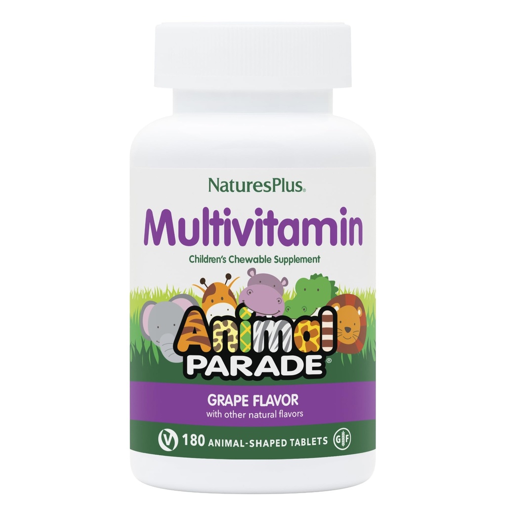 NaturesPlus Animal Parade Children's Chewable Multivitamin - Saveur de raisin - 180 comprimés en forme d'animal, paquet de 2 - Promotion de la santé et du bien-être - Végétarien, sans gluten - 180 portions totales