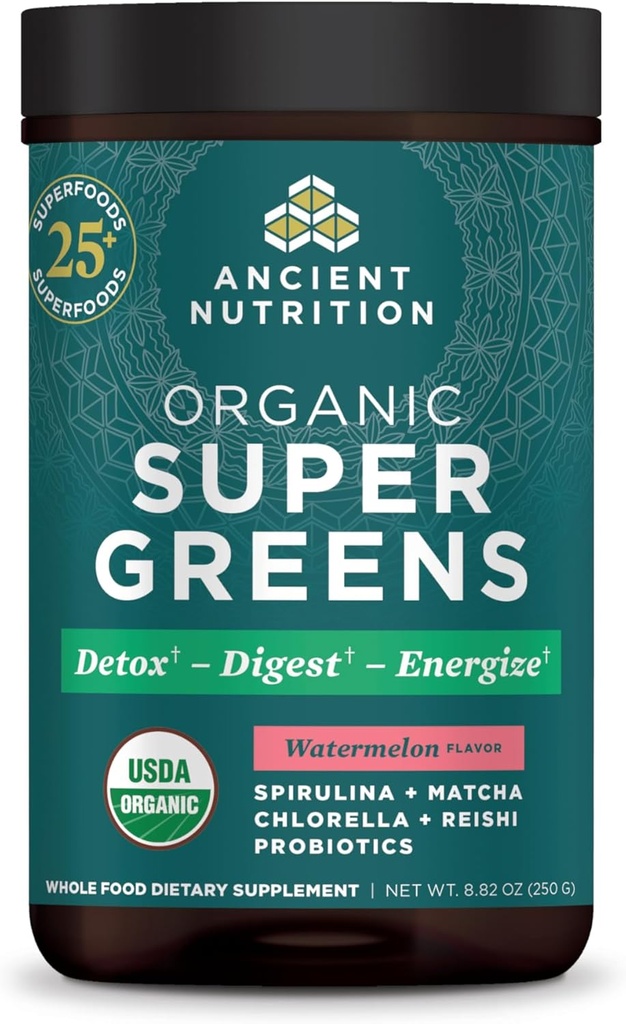 Ancient Nutrition SuperGreens Poudre avec Probiotiques, Bio Pastèque Saveur Verts, Fabriqué à partir de Fruits réels, Légumes et Herbes, pour le soutien digestif et énergétique, 25 portions, 8.82oz