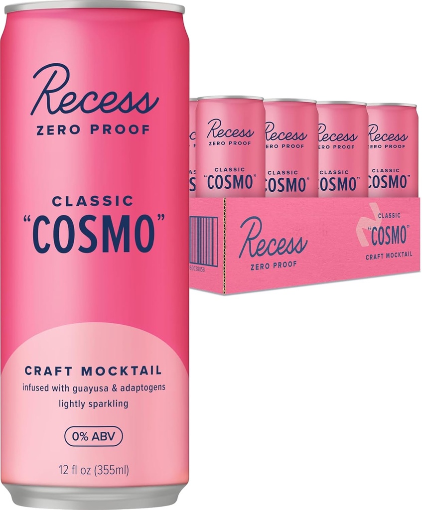 Recess Zero Proof Craft Mocktails, boissons sans alcool, avec adaptogènes, remplacement de boissons non alcoolisées, mélangeur, fête, fête, (Cosmo classique, 12oz, paquet de 12)