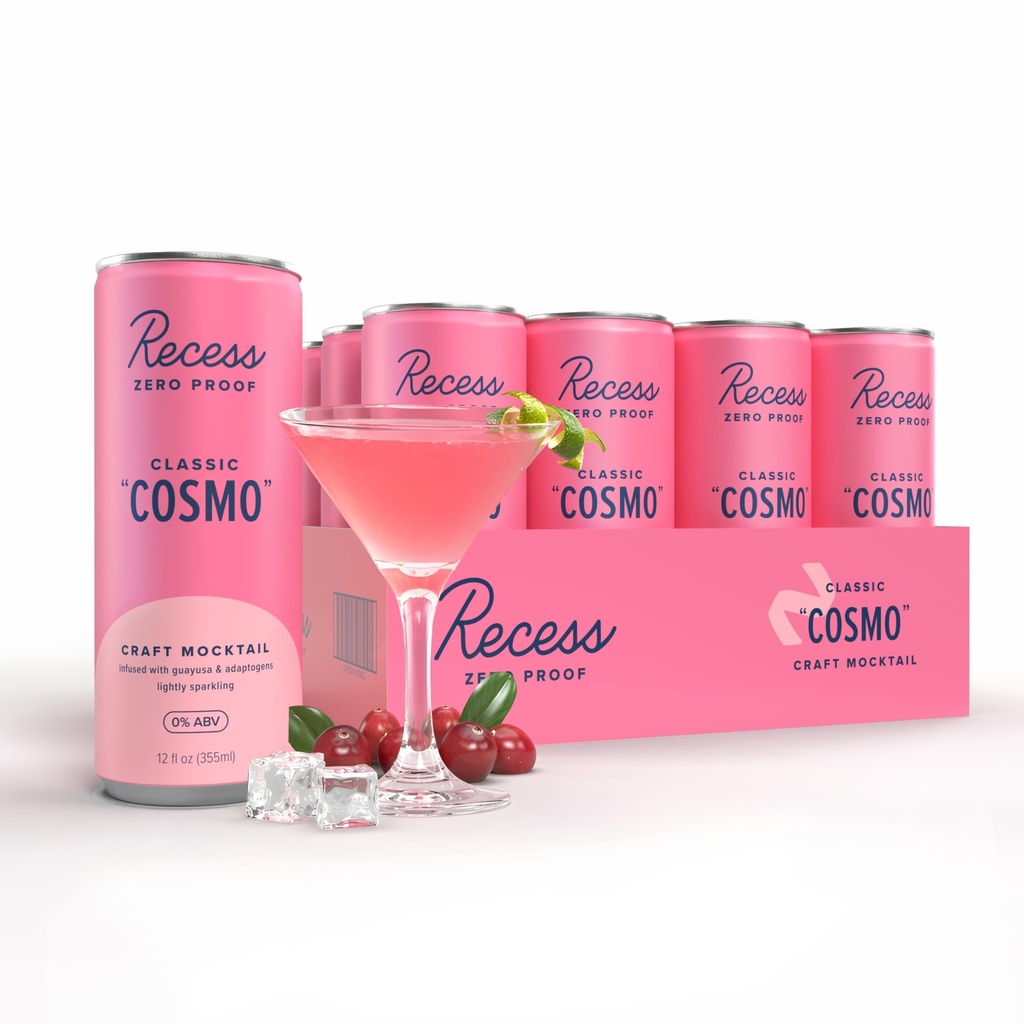 Recess Zero Proof Craft Mocktails, boissons sans alcool, avec adaptogènes, remplacement de boissons non alcoolisées, mélangeur, fête, fête, (Cosmo classique, 12oz, paquet de 12)