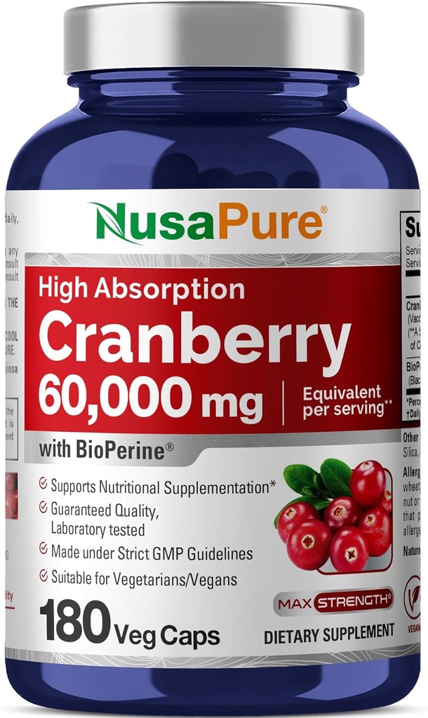 NusaPure Cranberry 60,000 mg 180 Veg Caps (Bioperine, Non-GMO, Vegan)