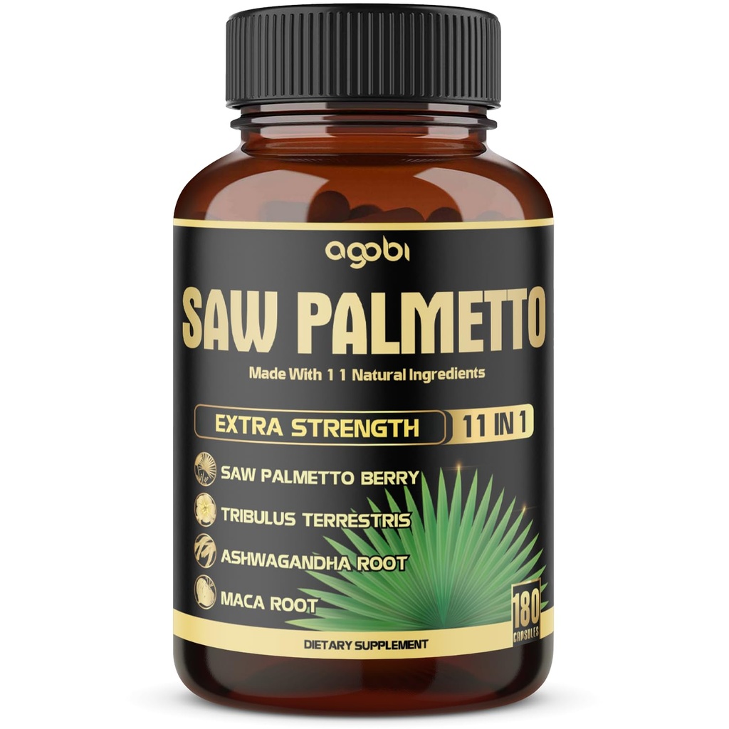 11en1 Saw Palmetto Capsules avec Ashwagandha, Turmeric, Tribulus, Maca, Thé vert, Ginger, Basilique Saint et plus - Prostate saine et soutien capillaire - 180 Compte 6-Mois