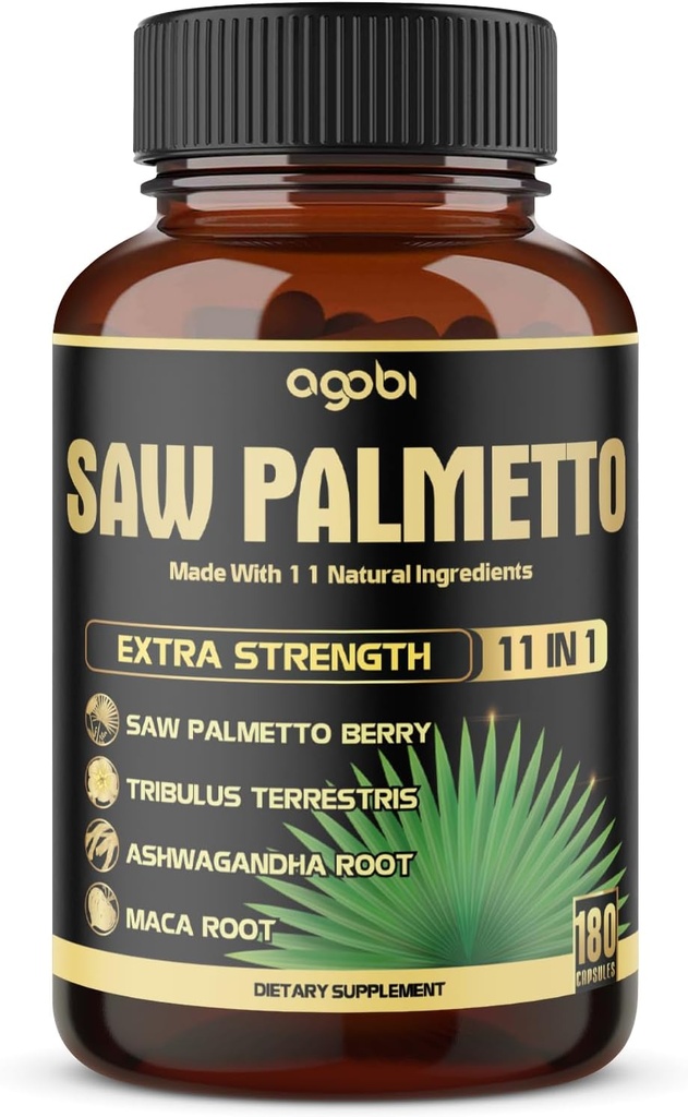 11en1 Saw Palmetto Capsules avec Ashwagandha, Turmeric, Tribulus, Maca, Thé vert, Ginger, Basilique Saint et plus - Prostate saine et soutien capillaire - 180 Compte 6-Mois
