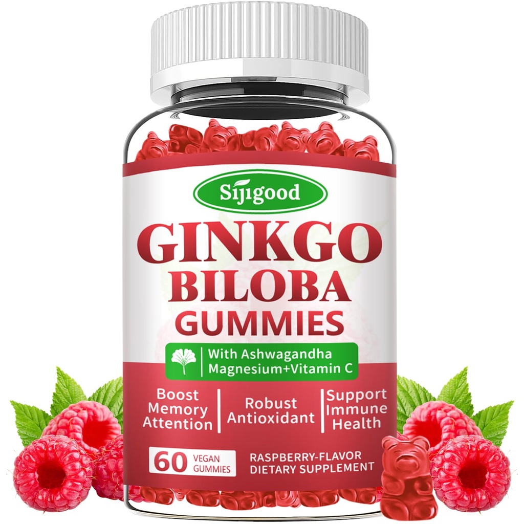 Ginkgo Biloba Gummies avec Panax Ginseng et Magnésium, Ginkgo Biloba Suppléments pour la concentration, la mémoire et la santé cérébrale pour les adultes et les enfants, Vegan Raspberry Flamvor Gummies, 60 Comte