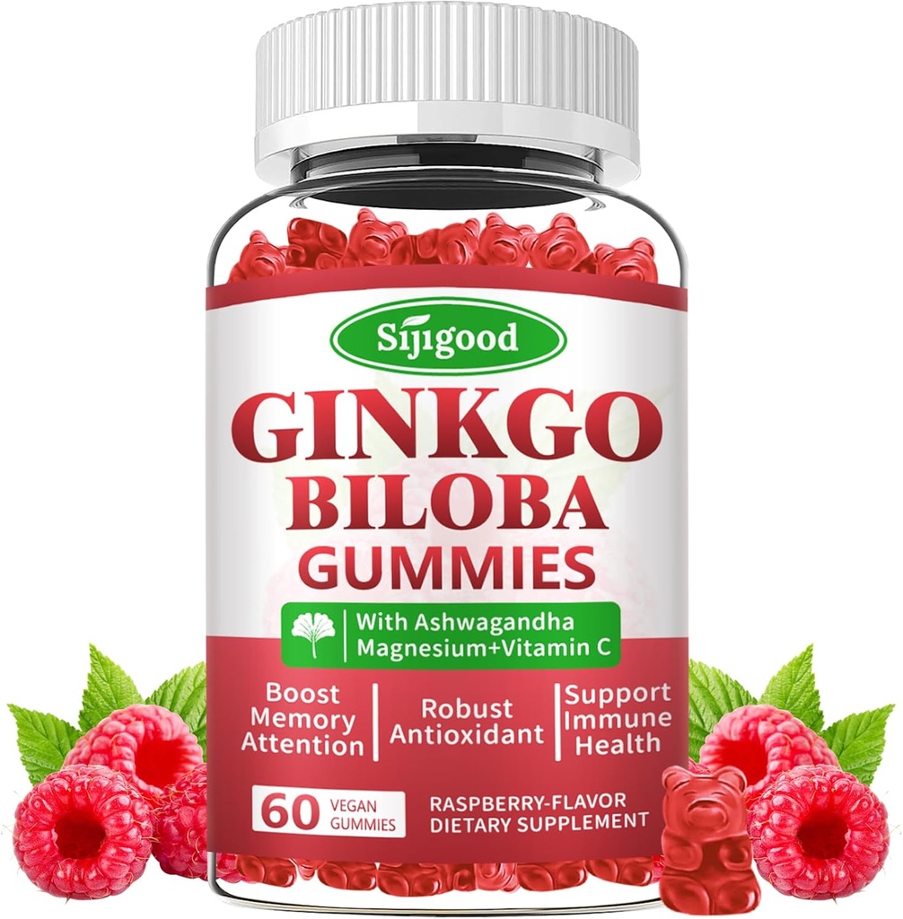 Ginkgo Biloba Gummies avec Panax Ginseng et Magnésium, Ginkgo Biloba Suppléments pour la concentration, la mémoire et la santé cérébrale pour les adultes et les enfants, Vegan Raspberry Flamvor Gummies, 60 Comte
