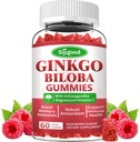 Ginkgo Biloba Gummies avec Panax Ginseng et Magnésium, Ginkgo Biloba Suppléments pour la concentration, la mémoire et la santé cérébrale pour les adultes et les enfants, Vegan Raspberry Flamvor Gummies, 60 Comte
