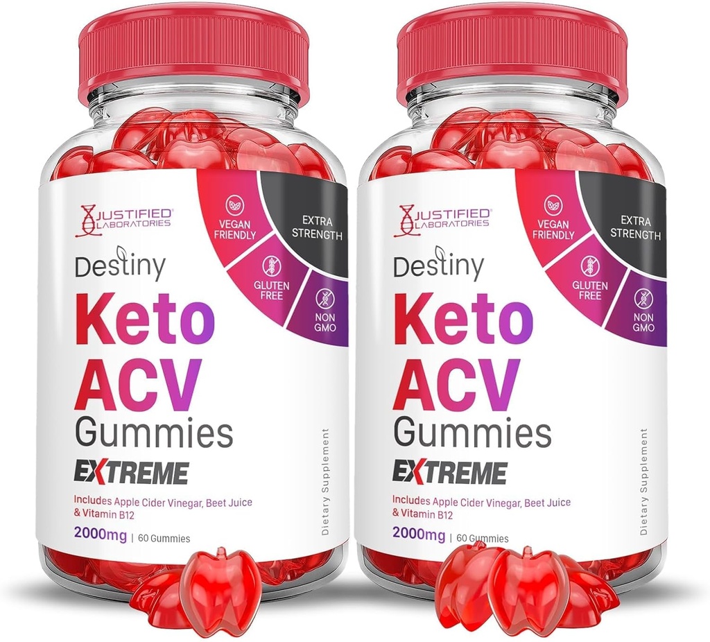 Laboratoires justifiés (2 Pack Destiny Keto ACV Gummies Extreme 2000MG Destiny Keto Gummies Formule avancée vinaigre de cidre de pomme avec jus de pomme de grenade poudre B12 Vegan Non OGM 120 Gummys