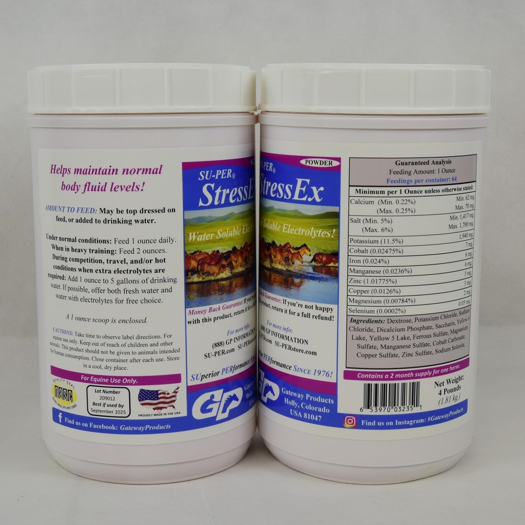 SUPER Stress-Ex Horse Electrolyte Supplément - Maintenir des niveaux normaux de fluide corporel - Electrolytes Réapprovisionnement pour l'hydratation - 4 livres, (2 paquets)