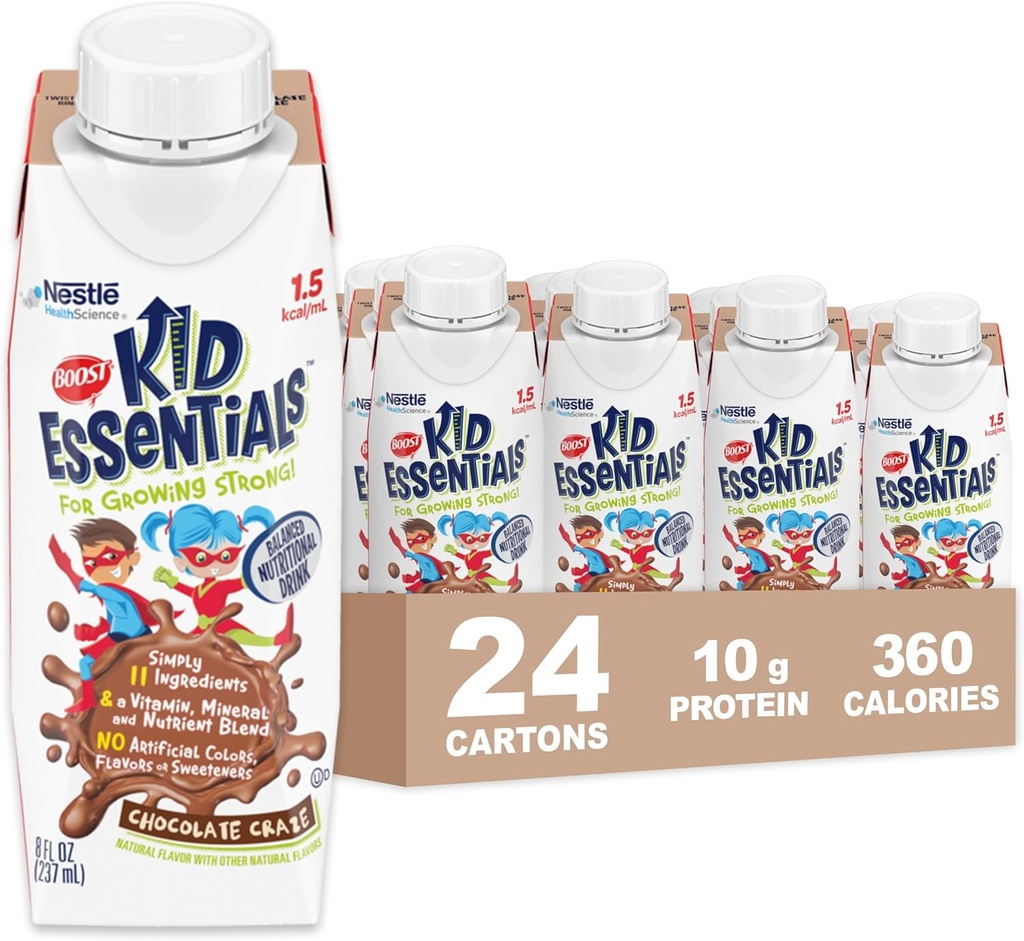 BOOST KID ESSENTIAUX (1,5 kcal/mL) Craze de chocolat boisson nutritionnelle, 10g de protéines, vitamine C, D, B12 et zinc, 8 Fl Oz (paquet de 24)