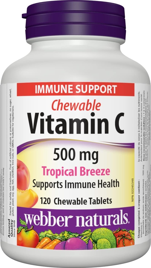 Webber Naturals Vitamine C Chewable 500 mg, 120 comprimés de saveurs de Breeze Tropical