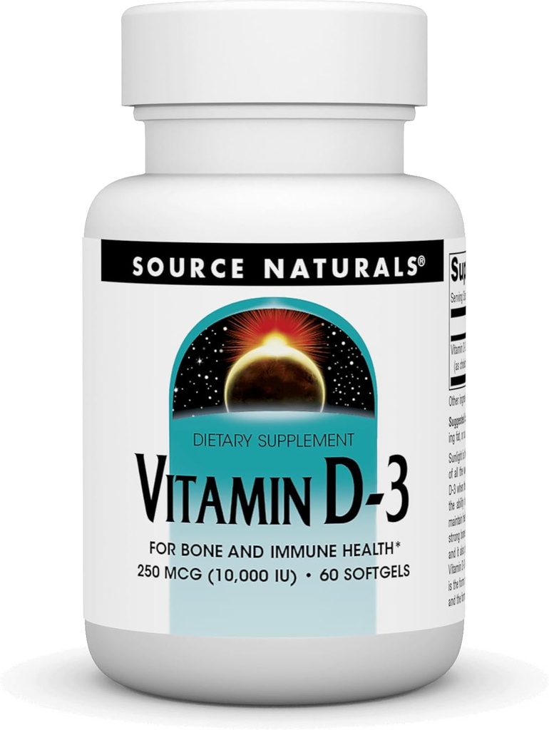 Source Naturals Vitamine D-3, soutient la santé osseuse et immunitaire*, 250 mcg (10 000 UI) - 60 Softgels