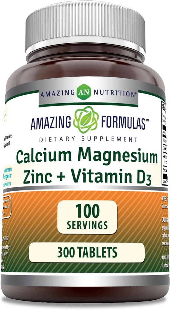 Formules étonnantes Calcium Magnésium Zinc D3 - 300 comprimés par supplément de bouteille (Calcium 1000mg - Magnésium 400mg - Zinc 25mg Plus Vitamine D3 600 UI - Par portion de 3 comprimés)