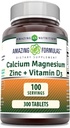 Formules étonnantes Calcium Magnésium Zinc D3 - 300 comprimés par supplément de bouteille (Calcium 1000mg - Magnésium 400mg - Zinc 25mg Plus Vitamine D3 600 UI - Par portion de 3 comprimés)