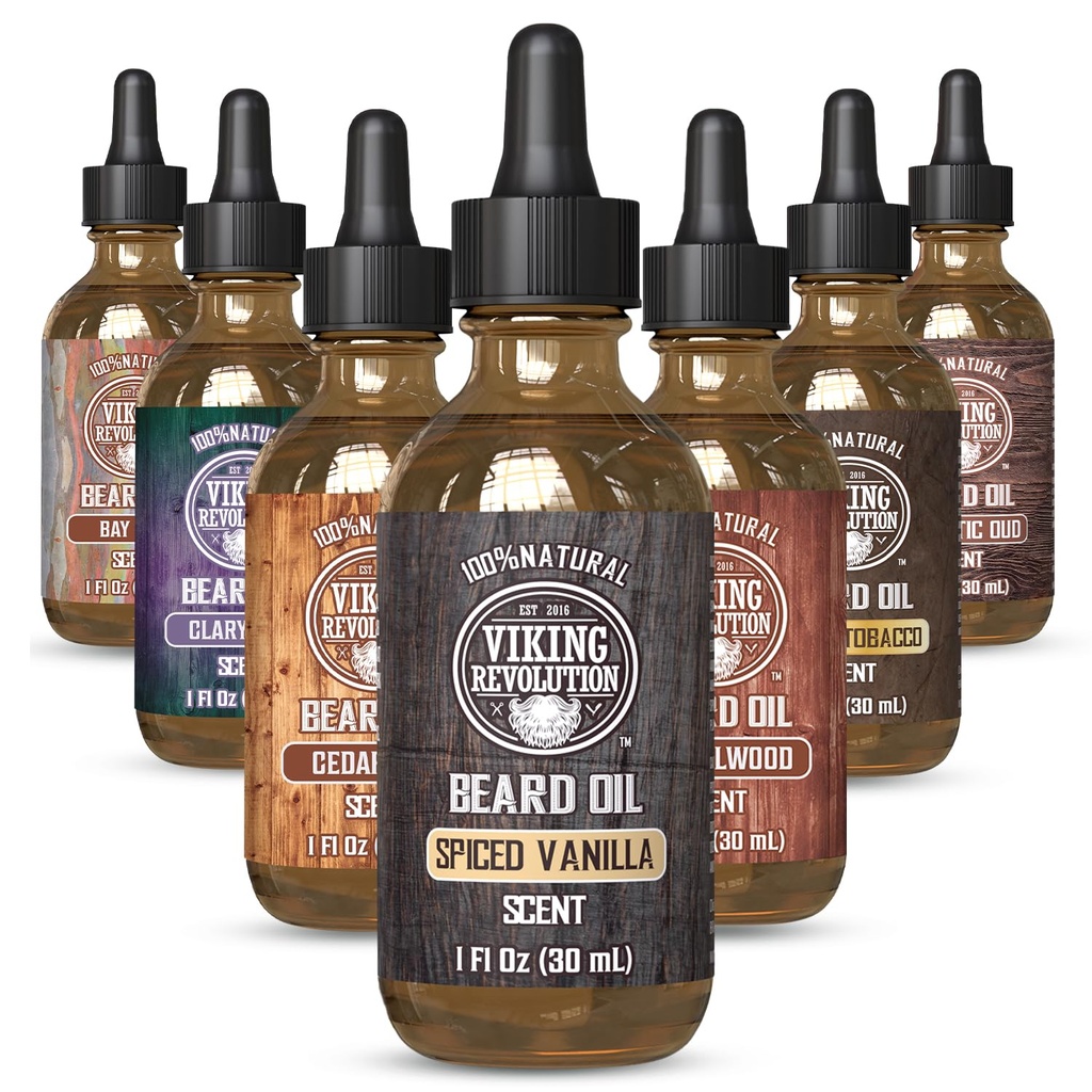 Viking Revolution Huile de barbe à la vanille épicée pour les hommes - Huile de barbe naturelle pour hommes avec huile d'argan et de jojoba - assouplissant, renforce et hydratant
