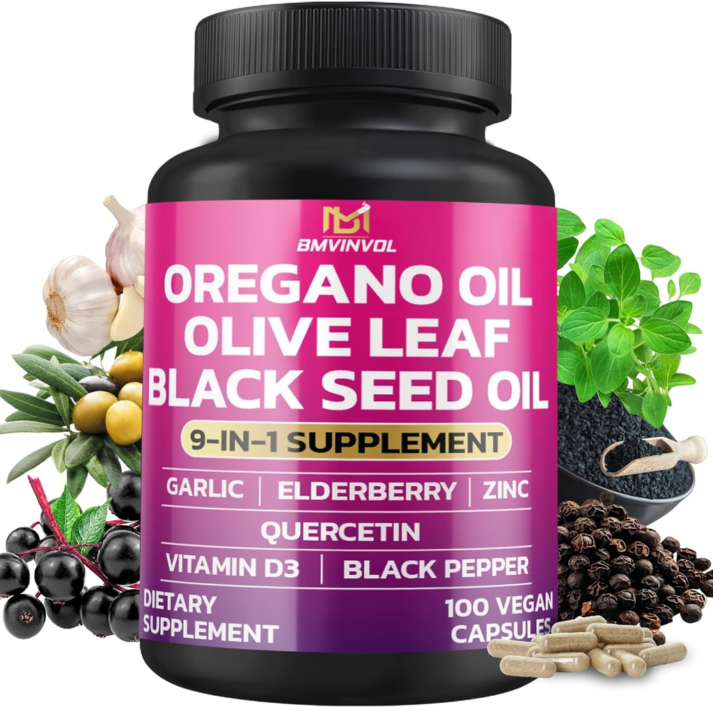 BMVINVOL Oregano Ail Olive Leaf Graines noires + 5 Plus - Supplément de soutien immunitaire et de santé digestif pour les femmes et les hommes - 100 capsules