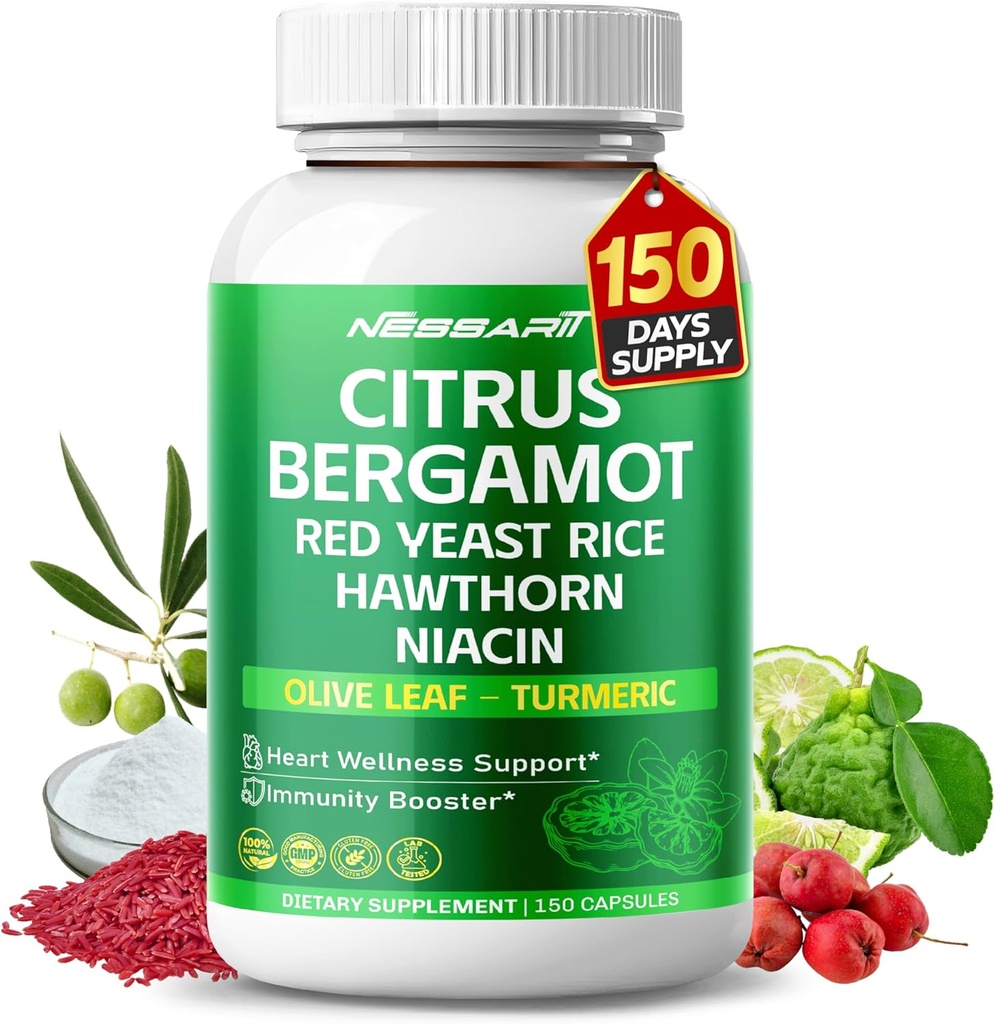 Supplément d'agrumes Bergamote - 15-en-1 Mélange naturel avec le riz rouge de levure Hawthorn Olive Leaf Odorless Ail Turcumar Ginger Fenugreek - 150 Compte - Fabriqué et testé aux États-Unis